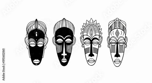 Four tribal masks, two black and white, two outlined, diverse adornments