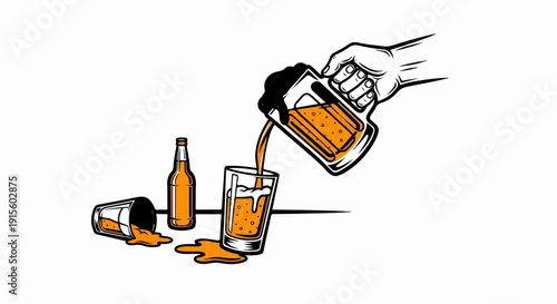 Hand pouring frothy amber drink from pitcher into glass with bottle & spilled drink