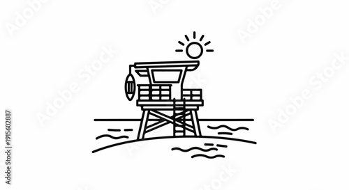 Lifeguard tower on beach with sun and waves, line art