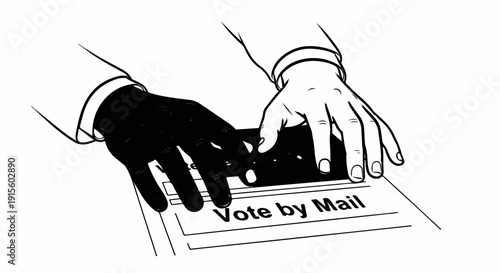 Hands casting vote on a "Vote by Mail" ballot document