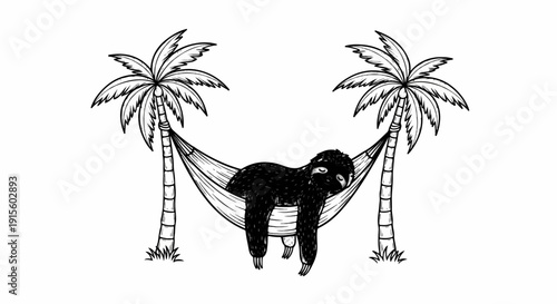 Lazy sloth resting on a hammock between two palm trees