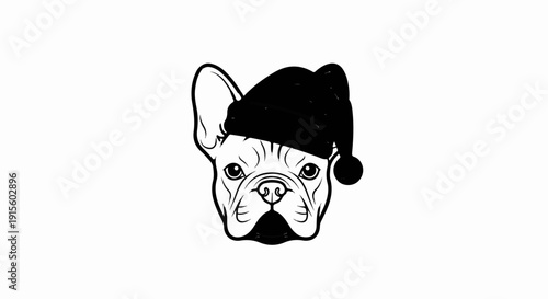 French bulldog wearing a Santa hat, presented in a simple black and white outline style