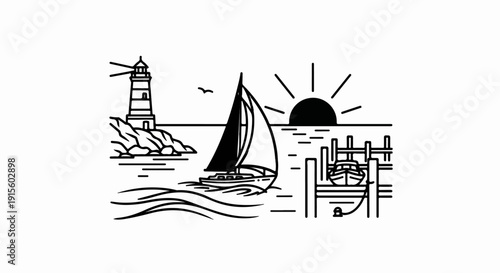 Lighthouse and sailboat at sunset near a dock with a small boat