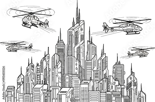 Futuristic city skyline with multiple helicopters flying above