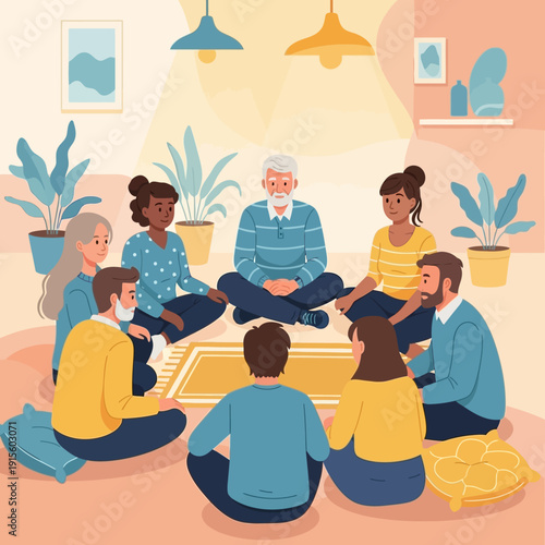 Diverse group of people sitting in a circle for a support meeting.