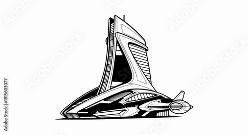 Futuristic, curved building with a pointed top and engine-like base