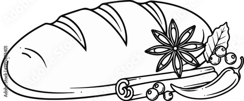 Loaf of bread with star anise, cinnamon, berries, and chili pepper