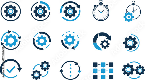 Collection of gear and clock icons in various styles and colors