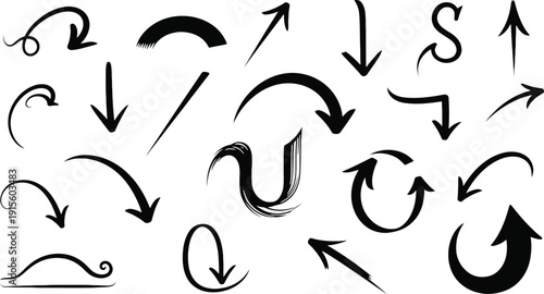 Collection of hand drawn arrows and directional symbols