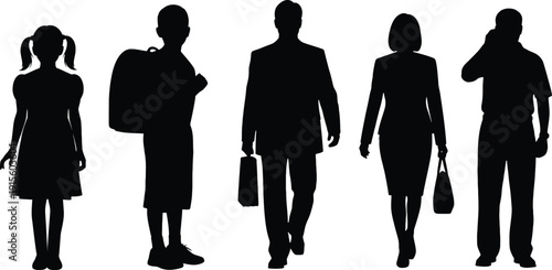 Silhouettes of five people walking in a line