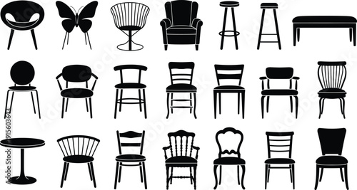 Silhouettes of chairs and stools with varied designs, modern and classic seating vector illustration for interior design and furniture themes