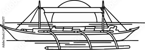 Line art depicts a narrow boat with an outrigger and canopy