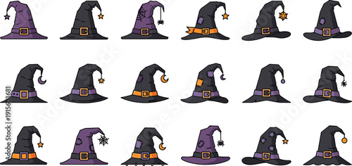 Halloween witch hat icon set with moon, stars, spiderweb, pumpkin, buckle