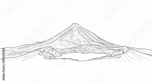 Line art depicts a majestic mountain with a crater lake below