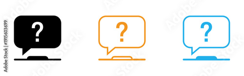 Three colored question mark chat icons