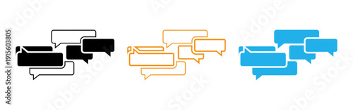 Colorful speech bubbles in black orange and blue on a white background
