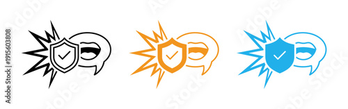 Shield and ear icons in black orange and blue