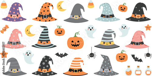 Kawaii Halloween witch hat sticker set with pumpkins, ghosts, bats, spiders, candy