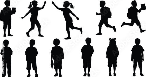Silhouettes of children in various poses and activities