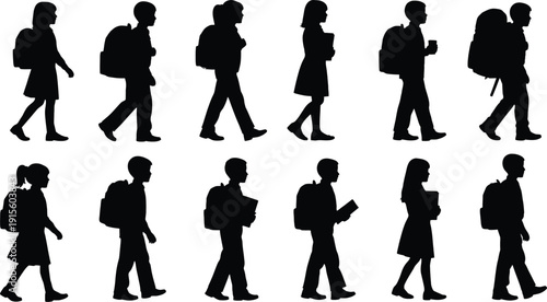 Silhouettes of people walking in various poses and outfits