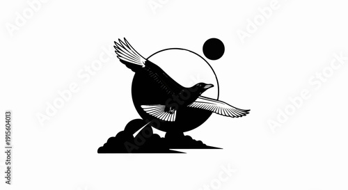 Graphic of a bird in flight against a circular background with a small moon