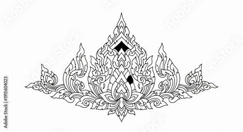 Intricate black and white floral ornamental motif with symmetrical wavy lines
