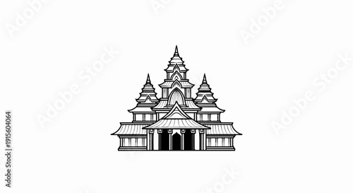 Intricate black and white drawing of a multi-tiered, pagoda-like structure