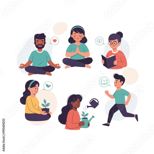 People engaging in various mindful and healthy activities.