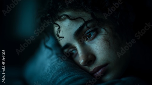 Woman rests her head on pillow, eyes weary yet luminous in dim blue light. Her quiet expression conveys vulnerability, introspection, emotional depth in stillness, fear, insomnia, nightmare concept.