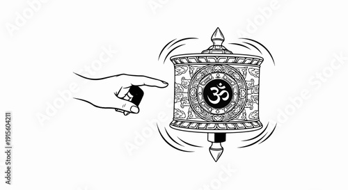 Hand spins a prayer wheel with om symbol in intricate detail