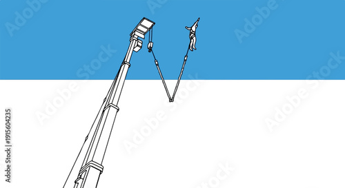 Line art of person suspended mid-air by crane cables and pulley system