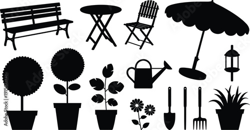 Silhouettes of garden furniture, plants, umbrella, bird feeder, watering can, and tools, vector illustration for outdoor design and gardening themes
