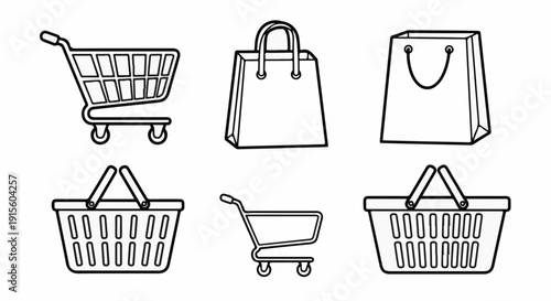 Line art of shopping carts, bags, and baskets arranged in two rows