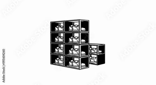 Line art of shoes organized neatly in modular display boxes