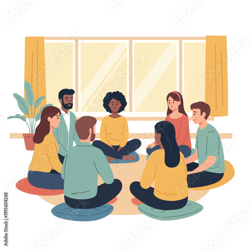 Diverse group of people sitting in a circle for a support meeting.