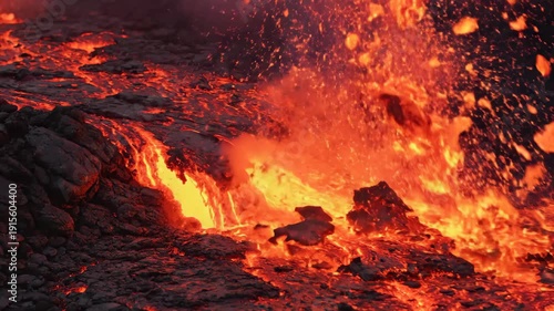 Fiery Inferno - Molten Lava Flowing in Volcanic Eruption.