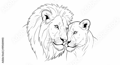 Line art of two lions, a male with a mane and a female, nuzzling closely