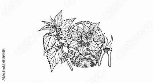 Line art shows nettles in a basket next to pruning shears