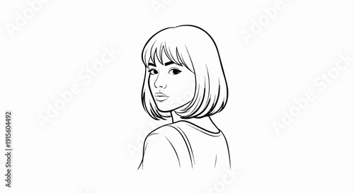 Line art portrait of a young woman with bob haircut looking over her shoulder