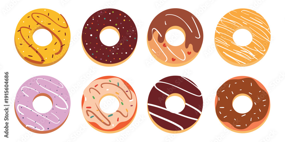 Fototapeta premium cute set of hand drawn cartoon doughnut. cute dessert sticker set. food drawing