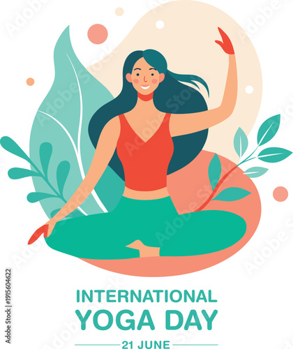 International yoga day illustration woman in yoga pose with leaves and sun