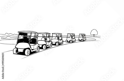 Line art drawing of a procession of golf carts on a course
