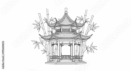 Intricate line drawing of a multi-tiered traditional Asian pagoda and bamboo