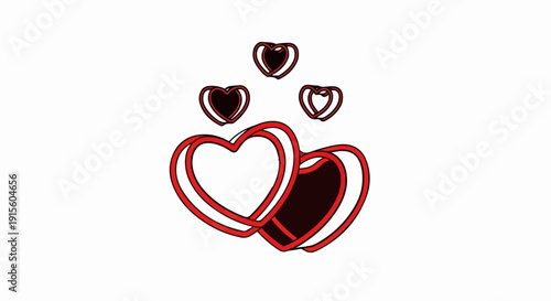 Intertwined red hearts, some filled, float above