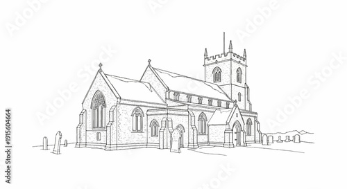 Line art sketch of a stone church with a bell tower and graveyard
