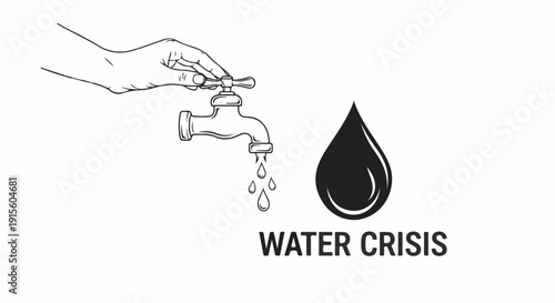 Hand turns off dripping tap near large water drop, text Water Crisis