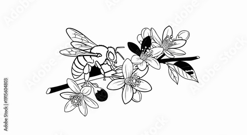 Line drawing of a bee on a branch with blooming flowers and leaves