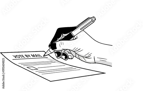 Hand filling out "Vote By Mail" ballot with a pen, black and white illustration