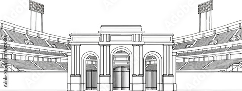 Grand entrance to stadium seating and floodlights under clear sky