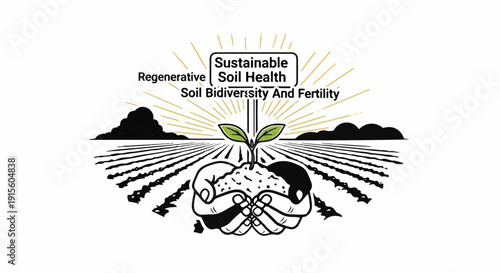 Hands holding soil with seedling, sun rays over fields